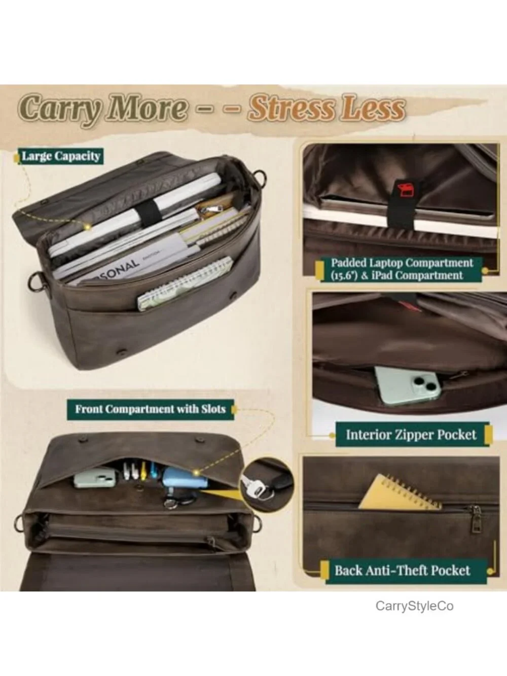 Vintage PU Leather Messenger Bag for Men Laptop Briefcase 15.6 Inch Work Satchel